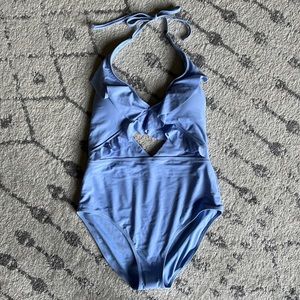 NWT Aerie Blue Ruffle Cut-Out Plunge Halter One Piece Swimsuit Large